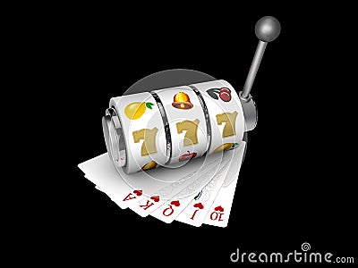 Slot machine with lucky sevens jackpot with play cards, 3d Illustration isolated black Stock Photo