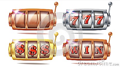 Slot Machine Set Vector. 777. Golden, Silver, Bronze. Gambling Poster. Spin Object. Spin Machine Template. Casino Vector Illustration