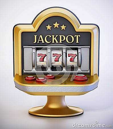 Slot machine with three seven symbols and jackpot text. 3D illustration Cartoon Illustration