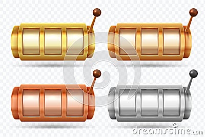 Slot machines. Golden, silver and bronze jackpot spinning machine. Casino game gamble vector set Vector Illustration