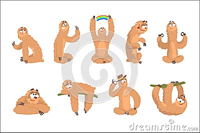 Sloth Animal Cute Cartoon Character Different Life Situations And Emotions Series Of Flat Cartoon Stickers Vector Illustration