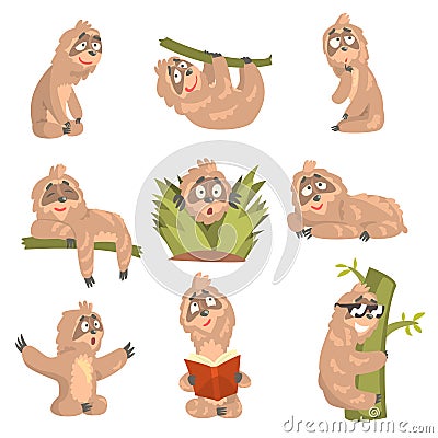 Sloth Animal Cute Cartoon Character Different Life Situations And Emotions Set Of Flat Cartoon Stickers Vector Illustration