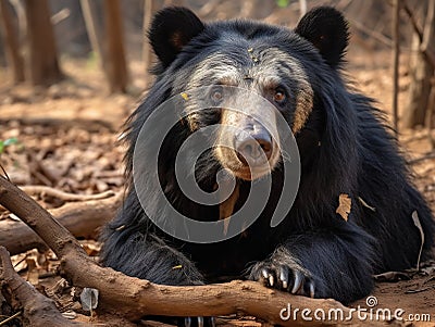 Sloth bear Melursus ursinus Ranthambore National Park India. Wild Sloth bear staring directly at camera wildlife photo Cartoon Illustration