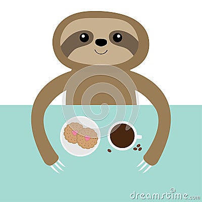 Sloth. Biscuit cookie and coffee cup. Teacup on table. Cute cartoon kawaii funny lazy baby character. Wild jungle animal Vector Illustration