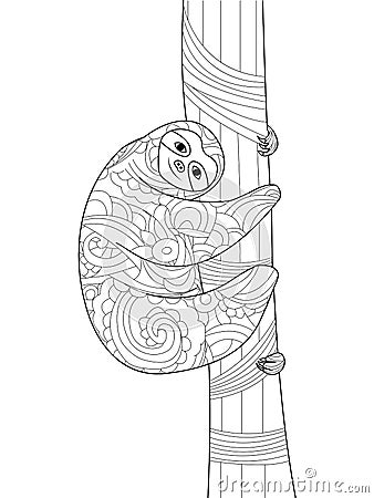 Sloth on a branch Coloring book vector for adults Vector Illustration