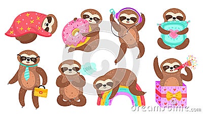 Sloth characters. Isolated sloths, lazy funny cartoon animal reading. Sleep on colorful rainbow, baby meditation dancing Vector Illustration