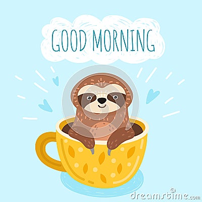 Sloth with coffee. Funny morning card, cute animal face in cup. Sweet creative scandinavian banner, exact cartoon fun Stock Photo
