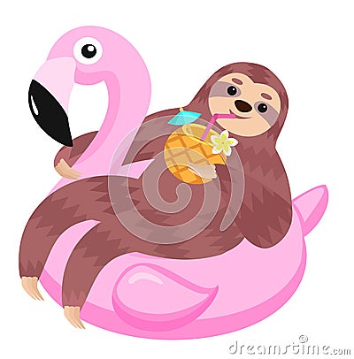 Sloth with flamingo inflatable float. Vector illustration. Cartoon Illustration