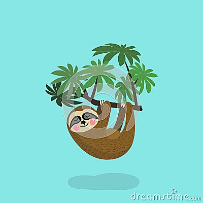 Sloth hanging on tree branch . Cute cartoon character. Wild jungle animal collection. Baby education. Isolated. Flat Vector Illustration