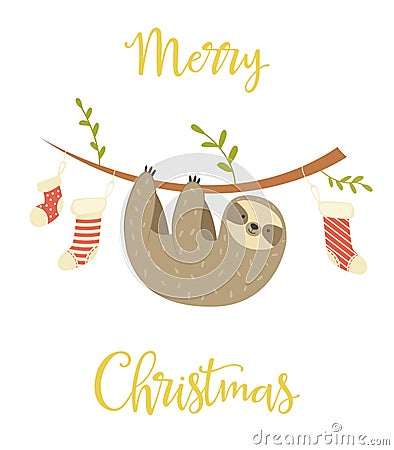 Sloth hanging on the tree. Christmas greeting card Vector Illustration