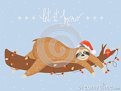 Christmas and Happy New Year card with sloth. Cute lazy sloth lying on a branch. Vector Illustration