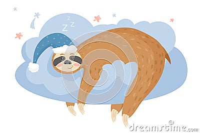 Cute cartoon sloth sleeping on a cloud. Animal wearing nightcap. Vector Illustration