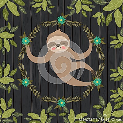 Sloth in the jungle scene Vector Illustration