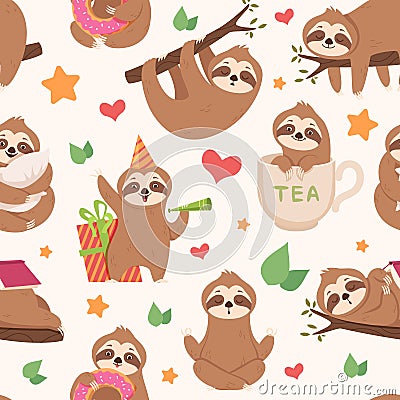 Sloth pattern. Funny lazy wild animal in various action poses exotic characters exact vector seamless background Vector Illustration