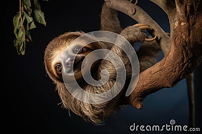 A sloth peacefully hangs upside down on a tree branch, showcasing its unique behavior and leisurely lifestyle., A sloth hanging Stock Photo