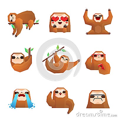 Sloth Polygonal Set Vector Illustration