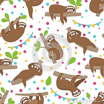 Sloth seamless pattern. Relaxing sloths on jungle summer forest brunches. Adorable girl baby texture Vector Illustration