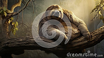 a sloth sitting on a tree branch in a forest. generative ai Stock Photo