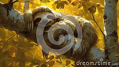 A sloth is sitting on a tree branch in the woods, AI Stock Photo