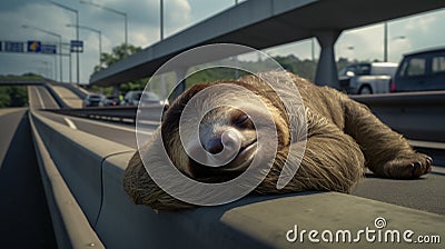 Sloth sleeping on the highway. lazy sleeping sloth, Bradypus variegatus. generative ai Stock Photo