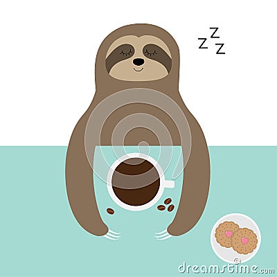 Sloth sleeping. I love coffee cup. Biscuit cookie. Sleep sign zzz. Teacup on table. Top aerial view. Cute cartoon lazy baby Vector Illustration