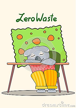 Sloth sleeping in the lesson against the background of a poster with the inscription. Zero waste Cartoon Illustration