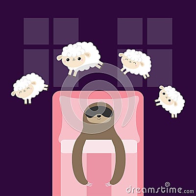 Sloth in sleeping mask. Jumping sheeps. Cant sleep going to bed concept. Counting sheep. Cute cartoon kawaii lazy baby animal set Vector Illustration