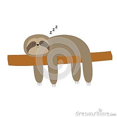 Sloth sleeping on tree branch. Cute lazy cartoon kawaii funny character. Slow down. ZZZ text. Wild joungle animal collection. Vector Illustration