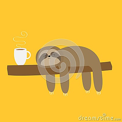 Sloth sleeping on tree branch. I love coffee cup drink. Cute lazy cartoon kawaii funny character.Slow down. Wild joungle animal Vector Illustration