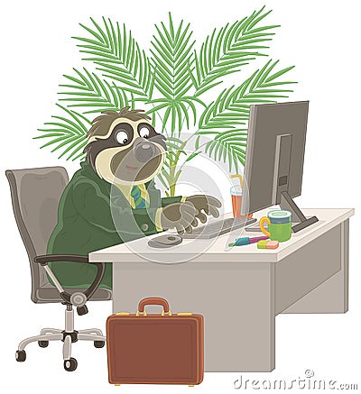 Sloth working on an office computer Vector Illustration