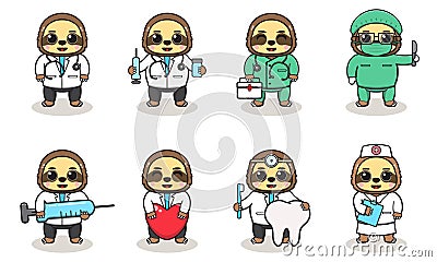 Vector illustration of Cute Character Cartoon of Sloth Doctor. Vector Illustration