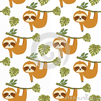 Sloths in Tropical Jungle Seamless Pattern, sloths Repeat Pattern for baby cloth, textile design, fabric print, fashion or backgro Vector Illustration