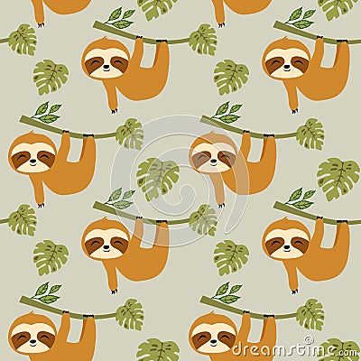 Sloths in Tropical Jungle Seamless Pattern, sloths Repeat Pattern for baby cloth, textile design, fabric print, fashion or backgro Vector Illustration