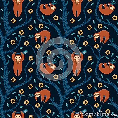 Sloths tropical seamless pattern Vector Illustration