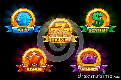 Slots icons, collections wild, bonus, scatter and winner symbols. For game, user interface, application, interface Vector Illustration