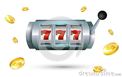 777 slots Lucky seven casino machine with gold coins isolated on Vector Illustration