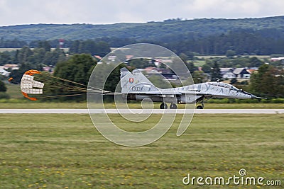 Slovak Air Force Mikoyan-Gurevich MiG-29UBS Fulcrum 1303 fighter jet display at SIAF Slovak International Air Fest 2019 Editorial Stock Photo