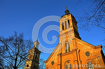 Slovak evangelical Augsburg church in Modra in evening spring sunshine, clear blue skies. Stock Photo