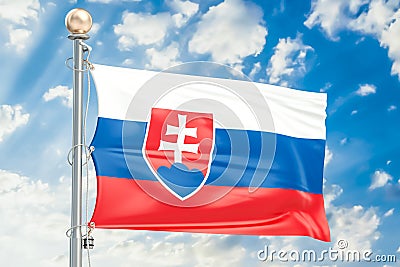 Slovak flag waving in blue cloudy sky, 3D rendering Stock Photo