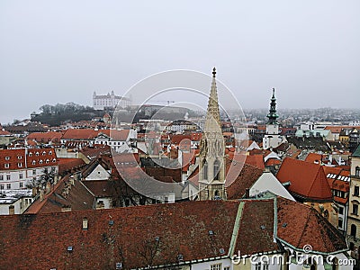 Slovakia, Bratislava. Historical centre. Aerial view from above, created by drone. Foggy day town landscape, travel photography. Stock Photo