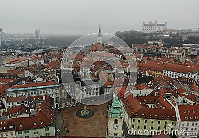 Slovakia, Bratislava. Historical centre. Aerial view from above, created by drone. Foggy day town landscape, travel photography. Stock Photo