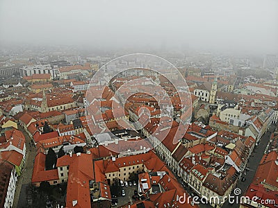 Slovakia, Bratislava. Historical old city centre. Aerial view from above, created by drone. Foggy day town landscape, travel Stock Photo