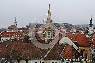 Slovakia, Bratislava. Historical old city centre. Aerial view from above, created by drone. Foggy day town landscape, travel Stock Photo