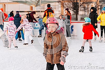 Slovakia.Bratislava.05.01.2020.Soft,Selective focus.Enjoying winter outdoor activities.People ice skating on the City Editorial Stock Photo