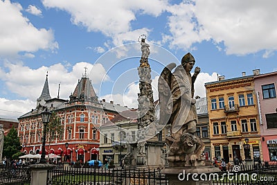 Slovakia, Kosice. Main Street. Statue of Immaculata. City landscape. Editorial Stock Photo