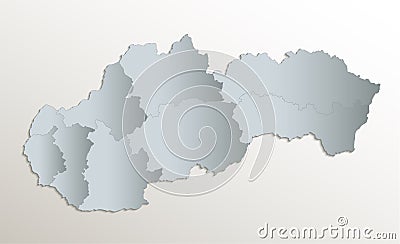 Slovakia map, administrative division Slovak Republic, white blue card paper 3D blank Vector Illustration