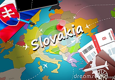 Slovakia travel concept map background with planes,tickets. Visit Slovakia travel and tourism destination concept. Slovakia flag Stock Photo