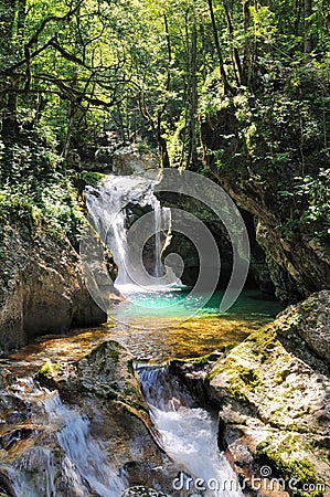 Slovenia waterfall River in the forest near Bovec Stock Photo