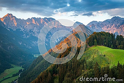 Slovenian Alps at Sunrise, Logar Valley Stock Photo