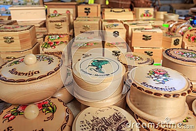 Slovenian traditional wooden products in a souvenir shop Editorial Stock Photo
